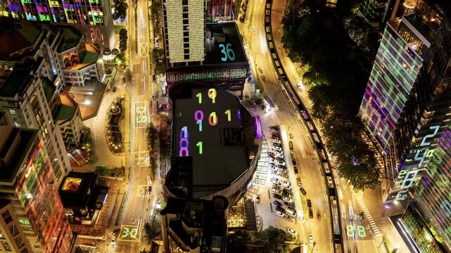 kuala lumpur cyberpunk city with overlayed code and data on the buildings