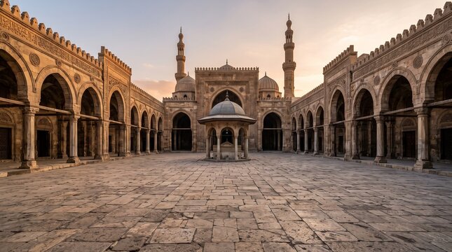 : Historic Islamic mosque courtyard with tall minarets and arches at sunset