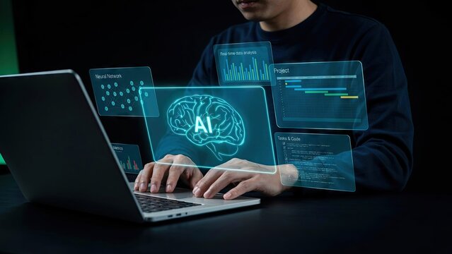Person working on laptop with holographic AI brain interface
