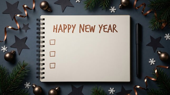 New Year Planner Notebook with Happy New Year Text and Festive Christmas Decorations Flat Lay