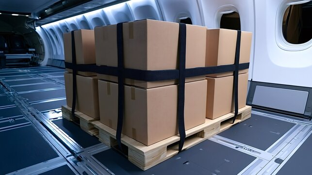 Secured air cargo pallet loaded with cardboard boxes inside aircraft
