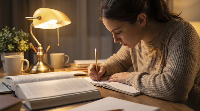 Student works on homework assignment seated at wooden table beside glowing desk lamp. Dedicated person reads open textbook while carefully writing study notes during quiet evening time.