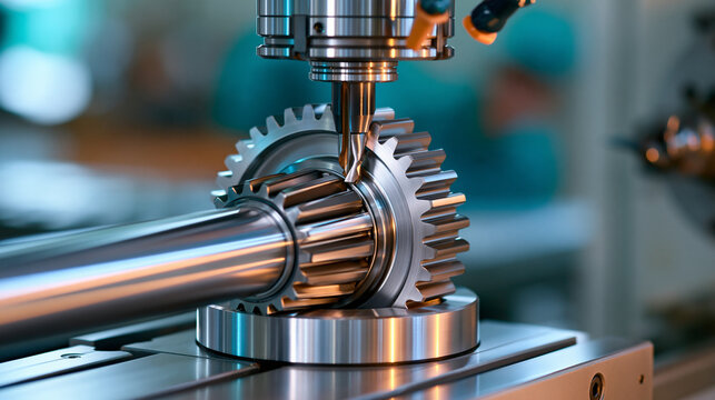 Industrial CNC milling machine machining a long metal gear shaft, cutting head aligned with the rotating component, detailed mechanical surfaces and workshop background, precision