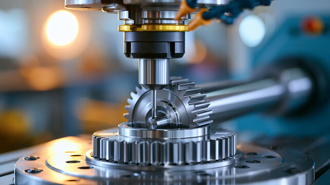 Industrial CNC milling machine machining a long metal gear shaft, cutting head aligned with the rotating component, detailed mechanical surfaces and workshop background, precision