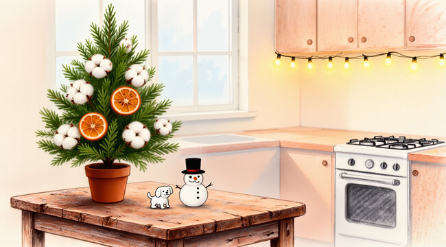 Cozy holiday kitchen illustration with branch tree, snowman, dog, fairy lights, rustic table; warm festive stock art.
