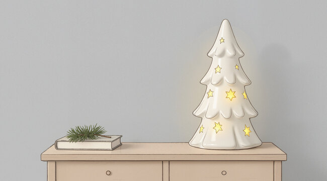 Minimal holiday still life with ceramic Christmas tree, book, pine sprig, wooden cabinet, grey wall; calm stock illustration.
