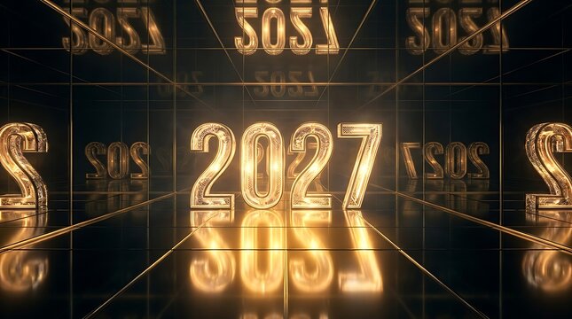 Futuristic 2027 Gold Numbers in Infinity Mirror Tunnel Animation