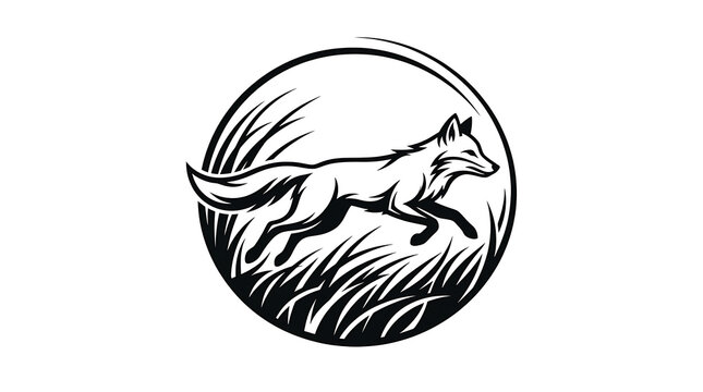 Stylized circular graphic illustration of a running fox in grass with illustration circular wildlife silhouette stylized predator creature monochrome movement woodland engraving USA, American, United 