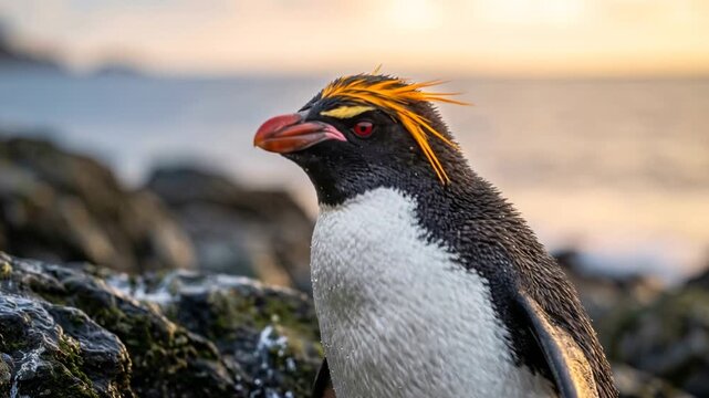 macaroni penguin close up at morning light in south georgia island video
