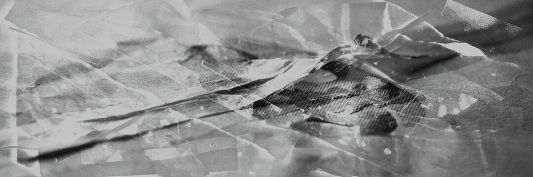 Black and white crumpled clear tape and plastic wrap texture over torn paper, halftone dot patterns, glossy highlights, strong film grain and dust, high contrast grunge collage overlay for creative pr