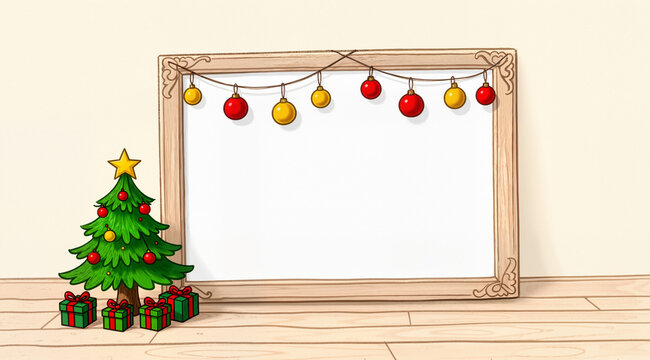 Hand-drawn holiday mockup with blank frame, Christmas tree, gifts, ornaments, cream wall; festive stock template.
