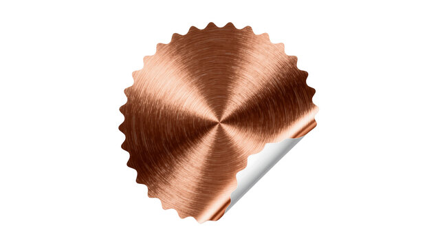 Circular copper seal with serrated edge and brushed texture, isolated on transparent background