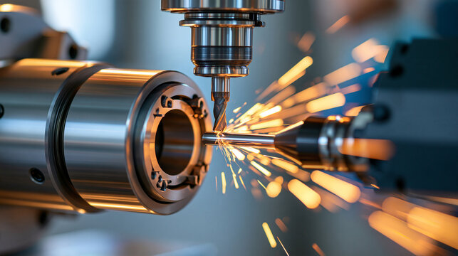 Internal bore grinding operation on a circular metal component, grinding wheel producing bright sparks inside an industrial machine, precision grinding, surface finishing, metal