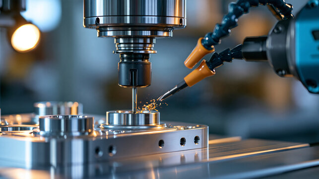 Industrial machine shop machining an engine block with multiple cutting tools and precisely aligned metal surfaces, powerful machinery and fine metallic debris, automotive