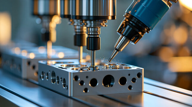 Industrial machine shop machining an engine block with multiple cutting tools and precisely aligned metal surfaces, powerful machinery and fine metallic debris, automotive