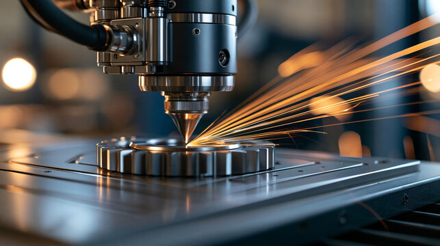 Industrial laser engraving system marking a metal gear with a focused beam and a shower of orange sparks, dark enclosed workshop and detailed metallic surface, laser machining,