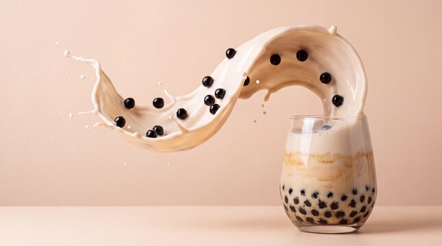 Bubble tea splash with tapioca pearls in a glass