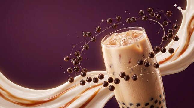 Iced milk tea with tapioca pearls and flowing cream