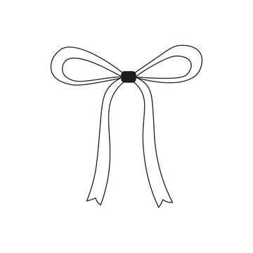 Simple and modern ribbon bow outline with vertical draped tails isolated on a white background. Clean black line art vector design element suitable for product tags, minimal packaging labels, logo acc