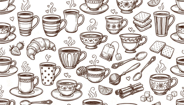 vintage tea and coffee cup seamless pattern background with bakery desserts doodle sketch illustration