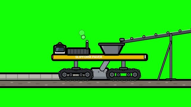 Slipform Paver Heavy Machinery Road Construction Flat Vector Cartoon Illustration Motion Design Looping Green Screen Animation For Industrial