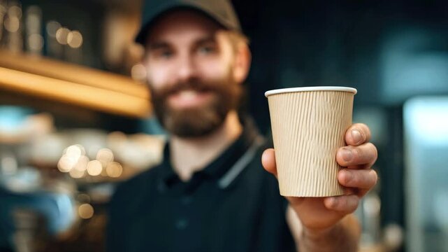 A male barista wearing a cap and a black polo shirt hands over a paper cup of coffee. Concept for a coffee shop, including service and takeout orders