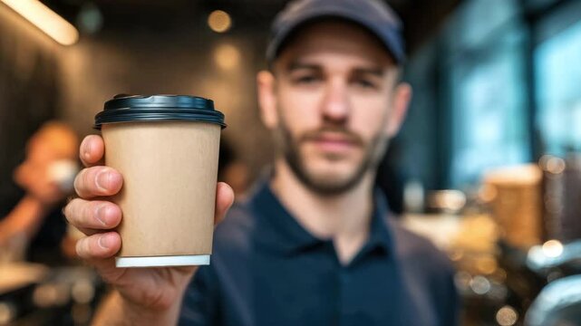 A male barista wearing a cap and a black polo shirt hands over a paper cup of coffee. Concept for a coffee shop, including service and takeout orders