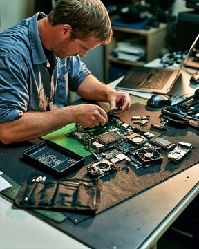 Computer Repair Technician Sorting Components at a Workbench