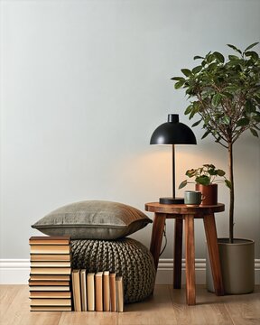 Cozy Reading Corner with Books, Cushion, Lamp, and Plants