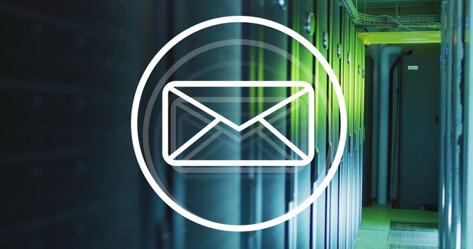Glowing white envelope icon hovering above data center server aisle, showing cable conduits