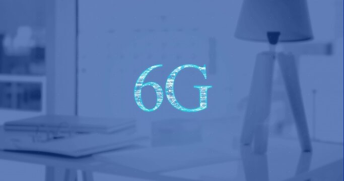 Projecting holographic 6G text overlay above office desk near window, with tripod lamp, notebooks