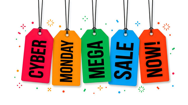 Five colorful hanging price tags spelling out ""cyber monday mega sale now!"" against a clean white background with scattered confetti.