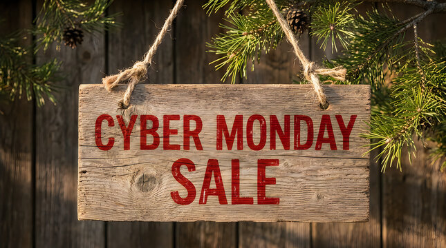 Cyber monday sale banner on wooden board hanging from pine tree branch with rustic background for seasonal retail marketing promotions during winter holiday shopping season.