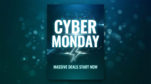 Cyber monday massive deals start now poster with neon glowing text on blue digital background featuring circuit patterns and light bokeh for technology e-commerce campaigns.