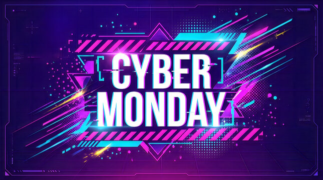 Neon glowing text cyber monday against a dark purple background with abstract geometric shapes, digital lines, glitch effects, and bright colorful streaks.