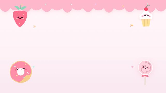 Kawaii pink dessert pattern with cute strawberry and donut characters