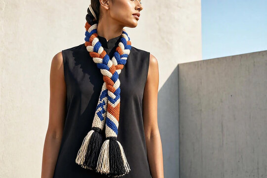 Contemporary crochet parandi hair accessory with geometric yarn motifs, oversized tassels and bold colors styled with a modern braid