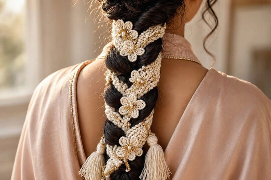 Bridal crochet parandi woven into a dark braid with ivory crochet flowers, pearl beads, gold thread and soft cream tassels