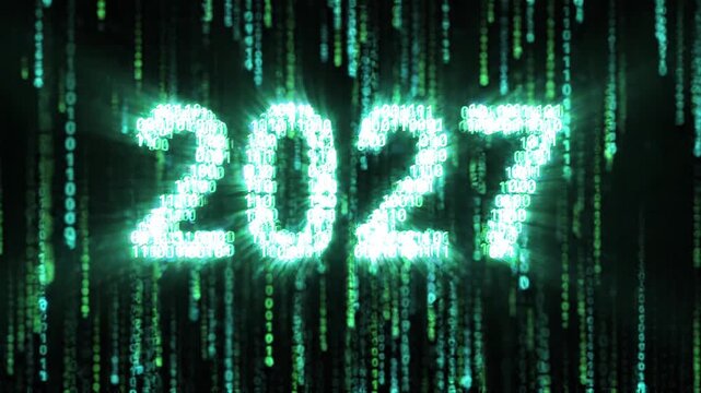 Green Binary Code Rain Forming 2027 New Year Text, Digital Technology Data Stream on Black Background