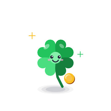 Cute four leaf clover character vector, lucky shamrock with happy face holding gold coin, st patricks day good luck