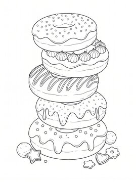 Handdrawn outline stack of various sweet donuts and cookies on a white background