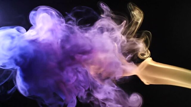 Abstract colored smoke plumes colliding and mixing in dark space.
