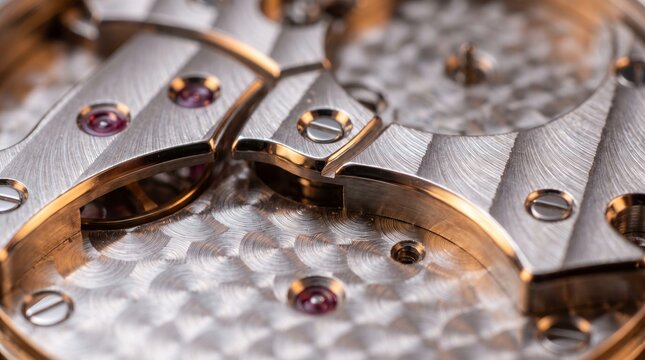 Intricate mechanical movement featuring polished steel bridges and sparkling ruby jewels inside a luxury timepiece during macro photography