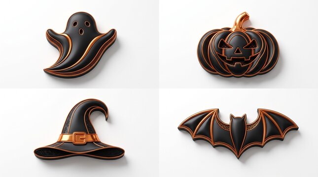 Halloween 3D Black And Copper Icons Set Ghost Pumpkin Witch Hat And Bat Spooky Elements