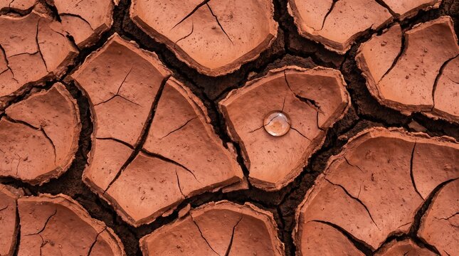 Single clear water droplet resting inside deeply cracked red mud ground during severe drought conditions outdoors