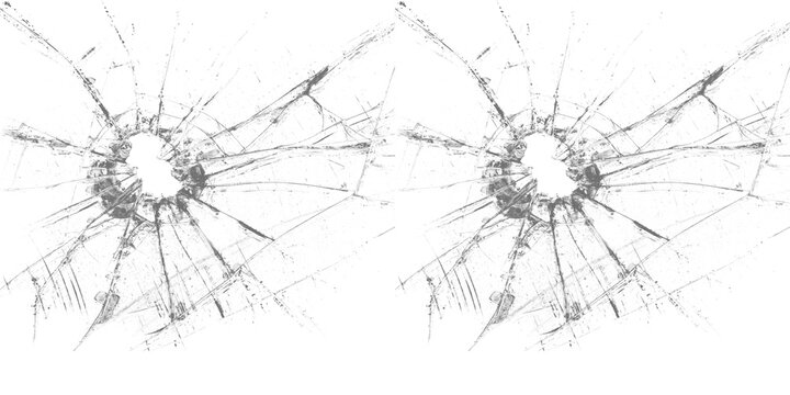 isolated transparent realistic cracked broken glass texture or surface with shattered bullet hole on white background.