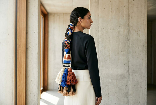 Contemporary crochet parandi hair accessory with geometric yarn motifs, oversized tassels and bold colors styled with a modern braid