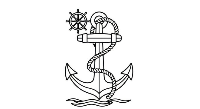 Black anchor with rope and ships wheel icon on a clean white background