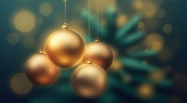 Luxurious glowing Christmas ornaments with golden highlights, abstract pine branches, dark bokeh; elegant holiday stock art.
