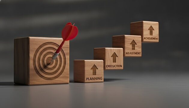 Red dart hits the center of a wooden block bullseye next to ascending steps that represent the progression of planning execution adjustment and achievement.